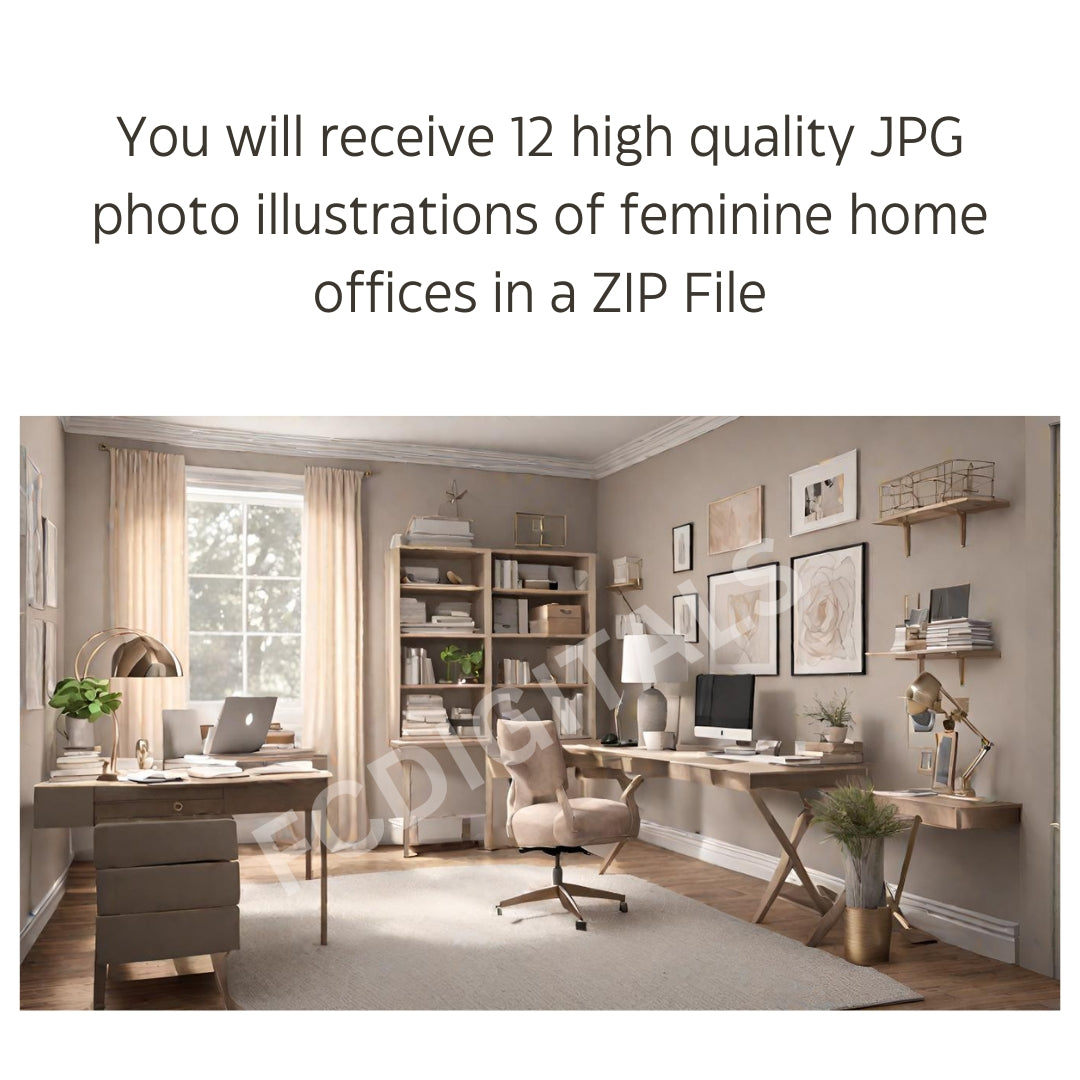 Set of 12 Home Office Illustrations, Neutral Office Stock Images