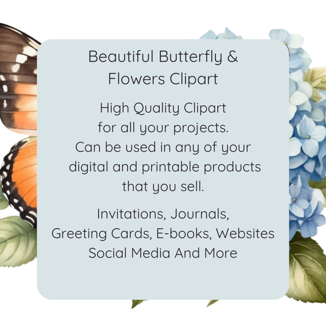 Beautiful Watercolor Butterfly & Flowers Clipart with Commercial Use