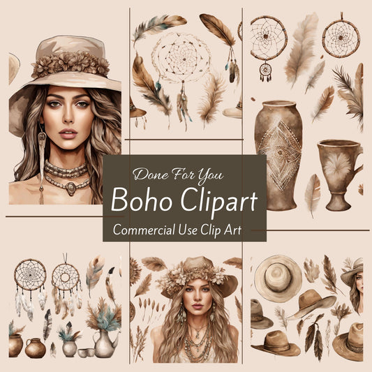 Boho Clipart, Commercial Use Neutral Bohemian Clip Art