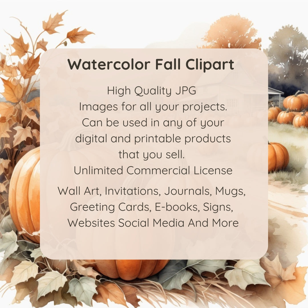 Watercolor Fall Clipart with Unlimited Commercial Use, Digital Download