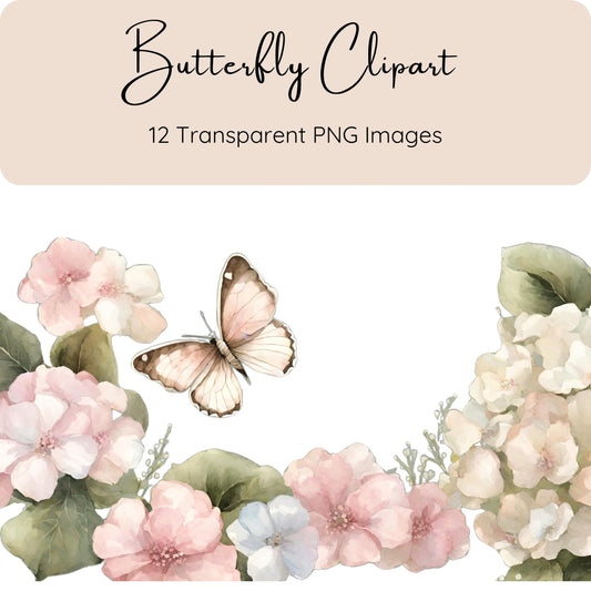 Watercolor Butterfly Clipart, Butterfly with Flowers Clipart Bundle, Transparent Background, 12 Butterfly PNG, Junk Journal, Printables