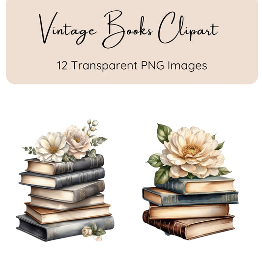 Vintage Books Clipart, Watercolor Stack of Books Clipart, Printable Clipart, Transparent PNGs, Scrapbooking, Digital Download, Junk Journal, Commercial Use Images