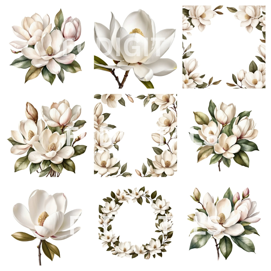 Beautiful Magnolia Flower Clipart with Unlimited Commercial Use, Instant Download