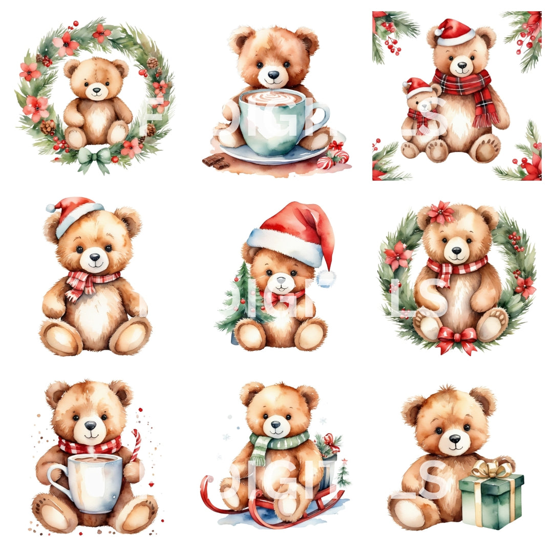 Christmas Bear Clipart, Teddy Bear Clipart, Christmas Clipart Images, Card Making, Digital Paper Craft, Commercial License, Transparent PNG