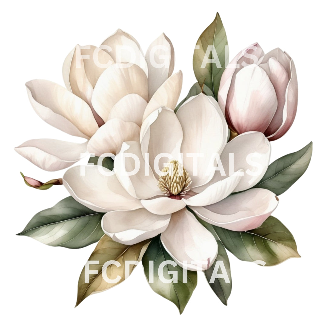 Beautiful Magnolia Flower Clipart with Unlimited Commercial Use, Instant Download
