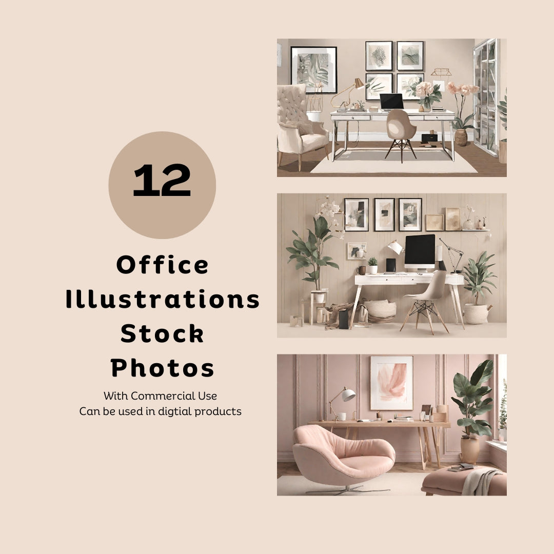 Set of 12 Home Office Illustrations, Neutral Office Stock Images