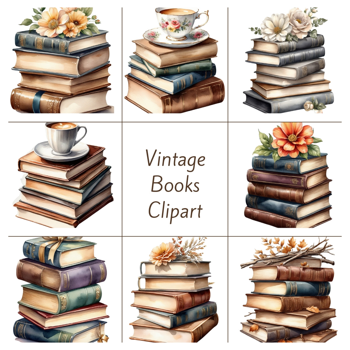 Watercolor Vintage Books Clipart, Books and Flowers Clipart, Clipart Images for Business