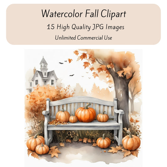 Watercolor Fall Clipart, Fall Scenes Clipart Images, Autumn Clipart with Commercial Use, High Quality JPG Images, Printables,Wall Art Images